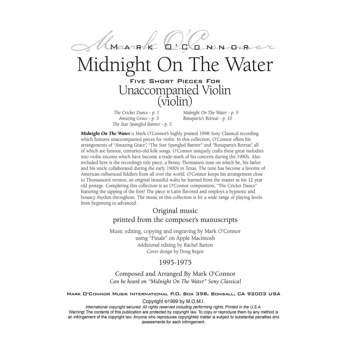 O'Connor, Mark - Midnight On The Water for Unaccompanied Violin - Digital Download