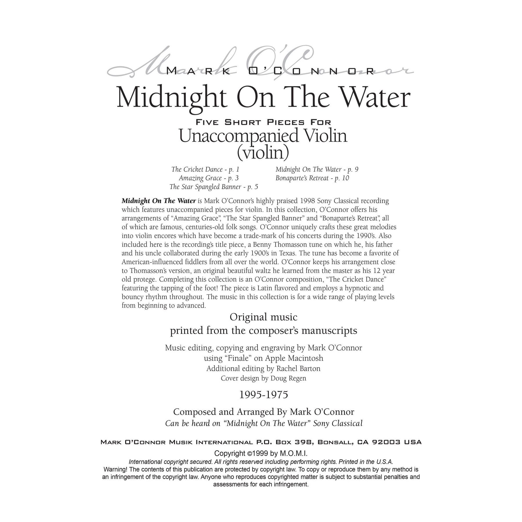 O'Connor, Mark - Midnight On The Water for Unaccompanied Violin - Digital Download