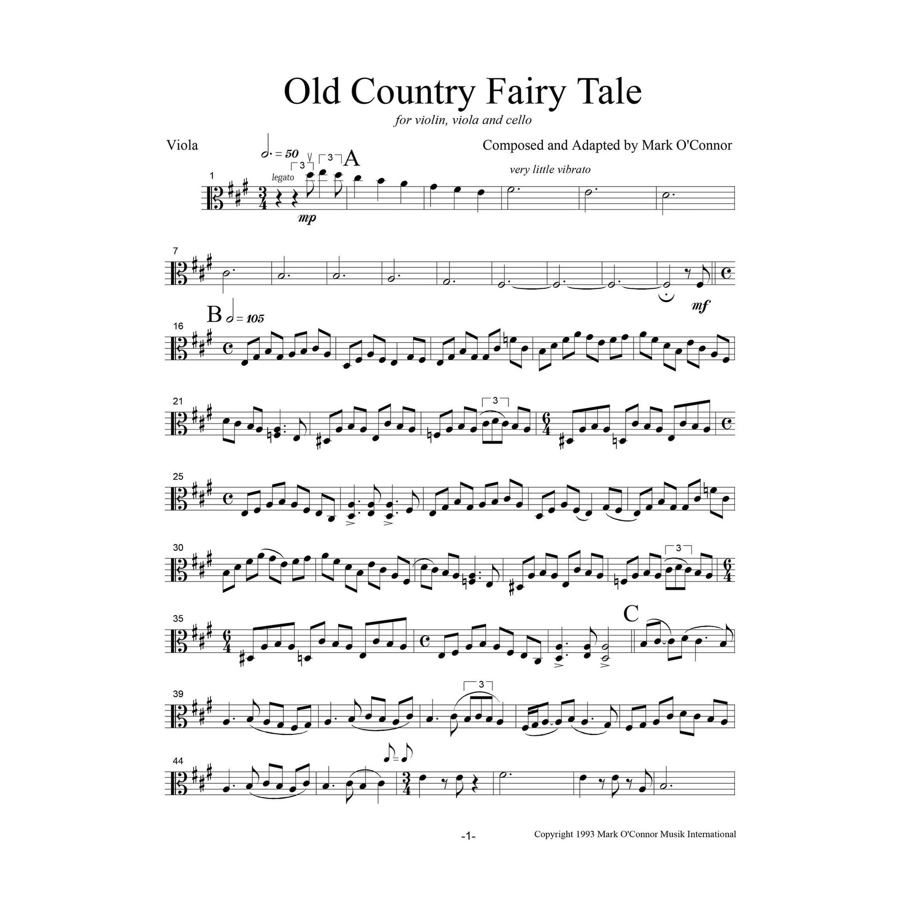 O'Connor, Mark - Old Country Fairy Tale for Violin, Viola, and Cello - Viola - Digital Download