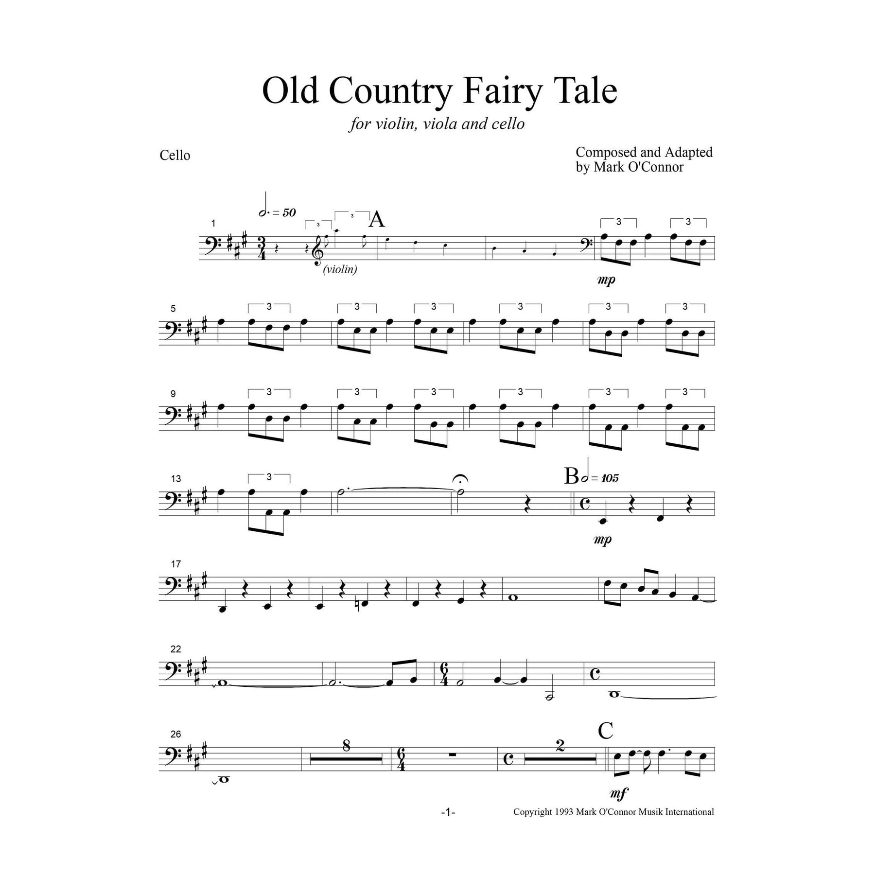 O'Connor, Mark - Old Country Fairy Tale for Violin, Viola, and Cello - Cello - Digital Download