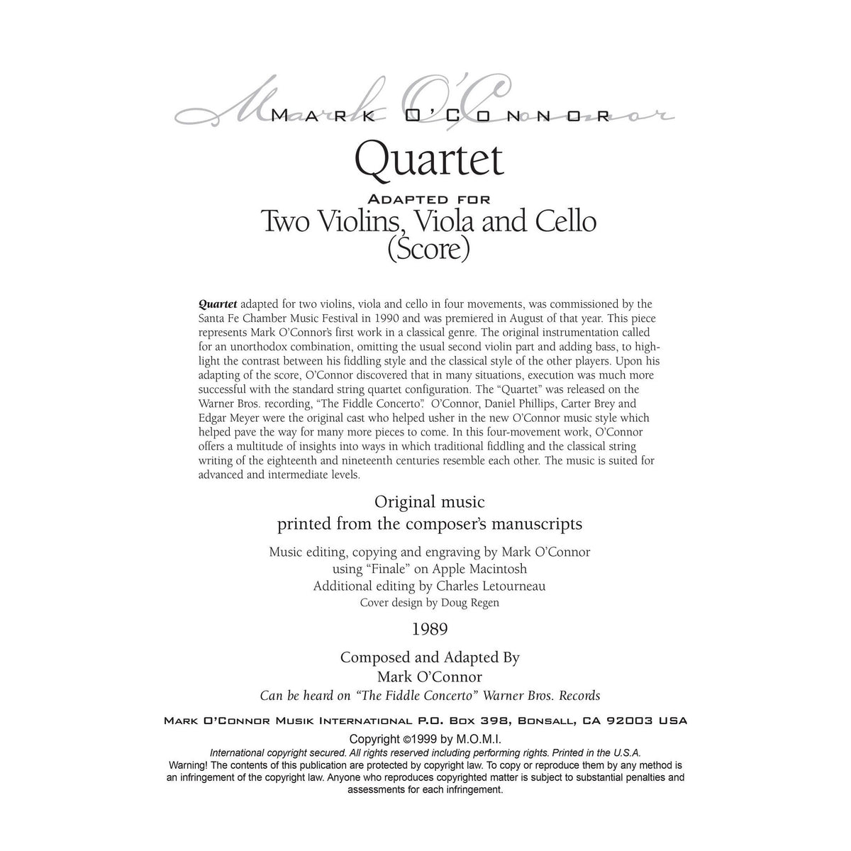 O'Connor, Mark - Quartet for 2 Violins, Viola, and Cello - Score - Digital Download