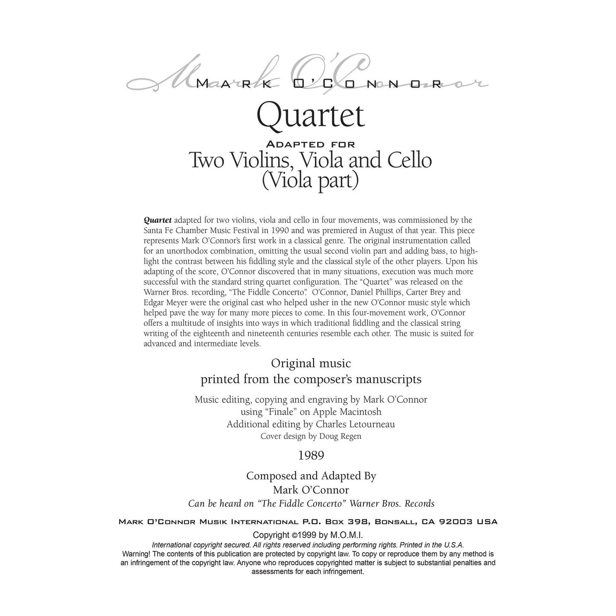 O'Connor, Mark - Quartet for 2 Violins, Viola, and Cello - Viola - Digital Download