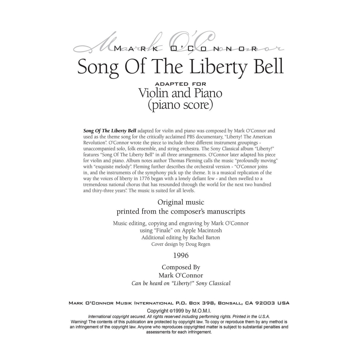 O'Connor, Mark - Song Of The Liberty Bell for Violin and Piano - Piano Score - Digital Download