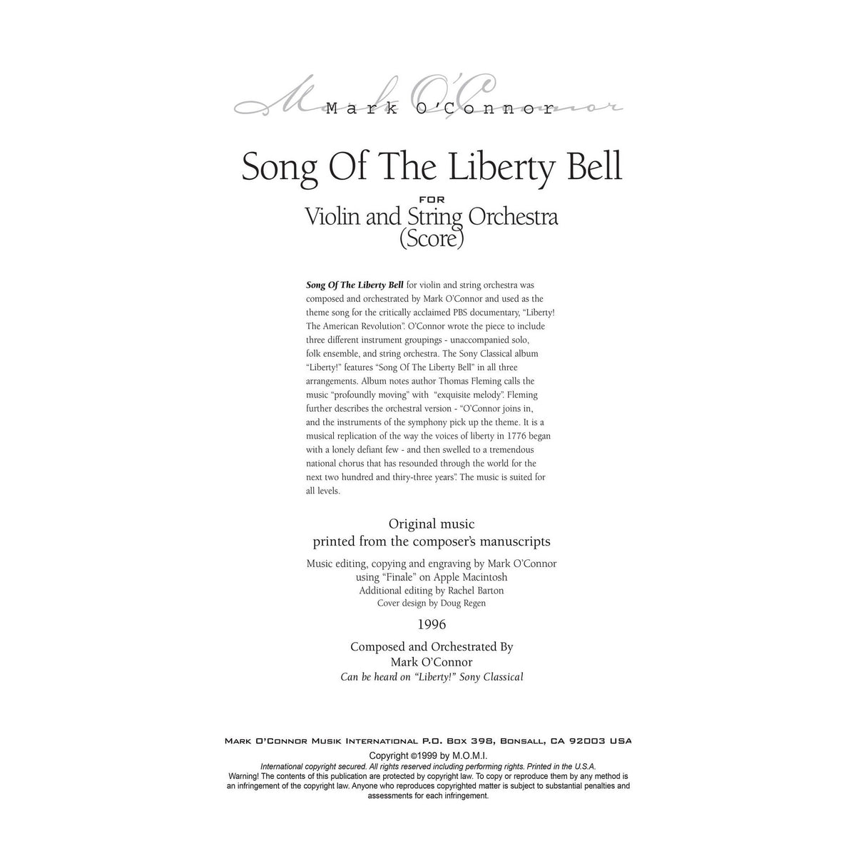 O'Connor, Mark - Song Of The Liberty Bell for Violin and String Orchestra - Score - Digital Download