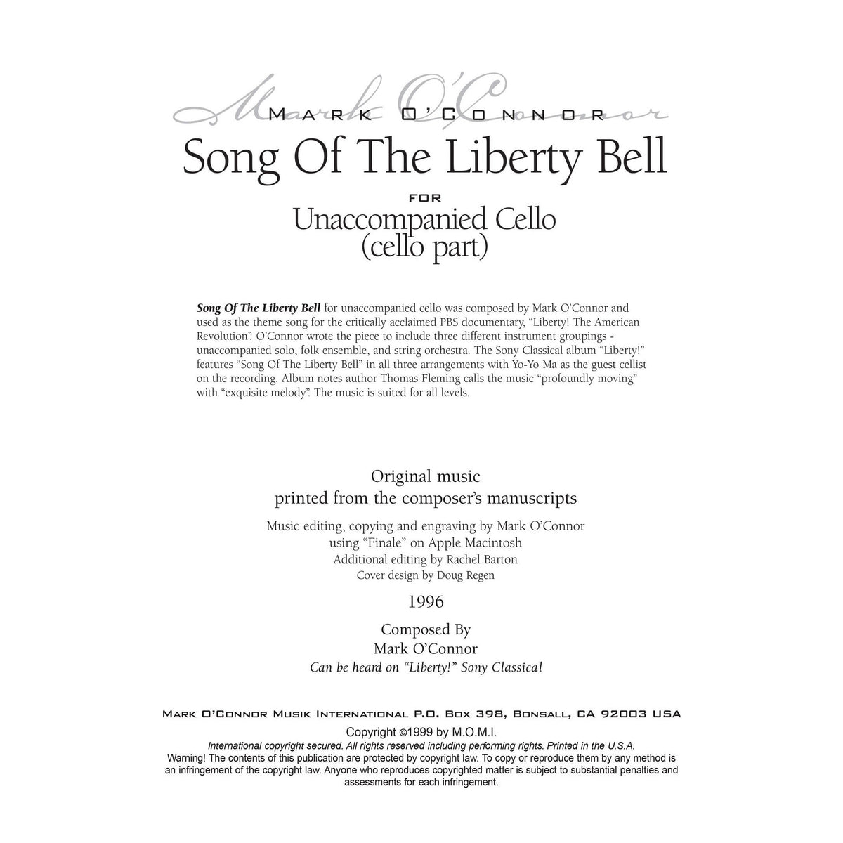 O'Connor, Mark - Song Of The Liberty Bell for Cello - Cello - Digital Download