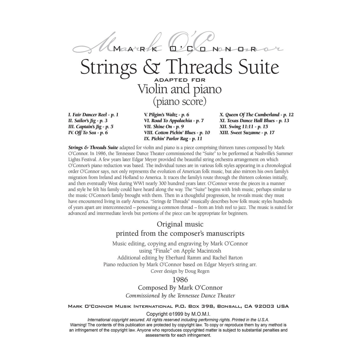 O'Connor, Mark - Strings & Threads Suite for Violin and Piano - Piano Score - Digital Download