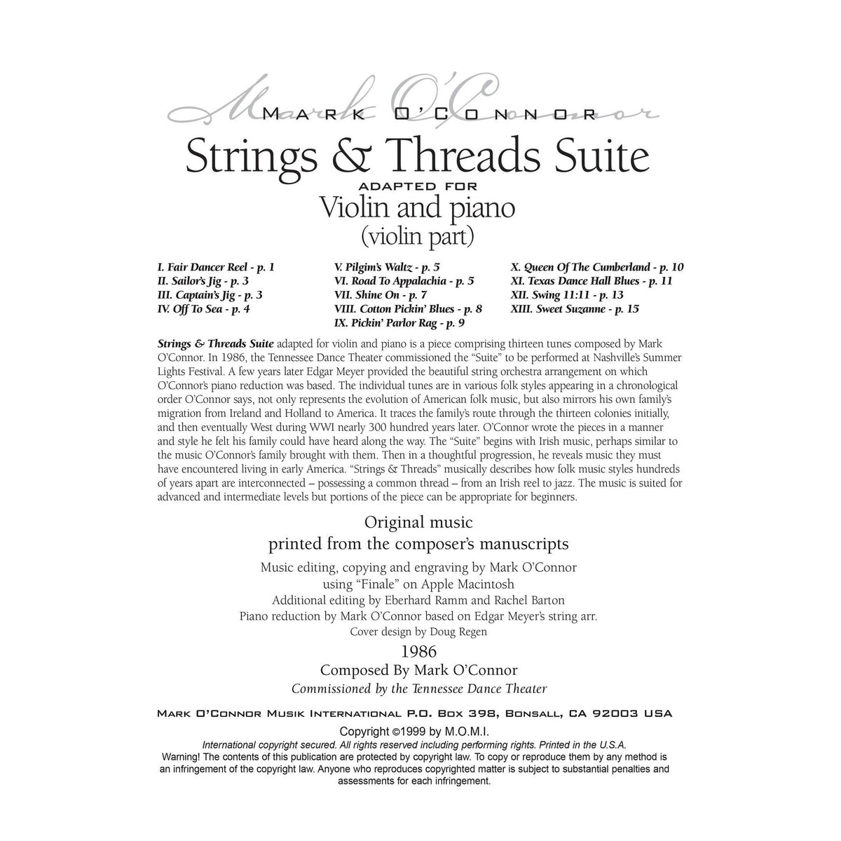 O'Connor, Mark - Strings & Threads Suite for Violin and Piano - Violin - Digital Download