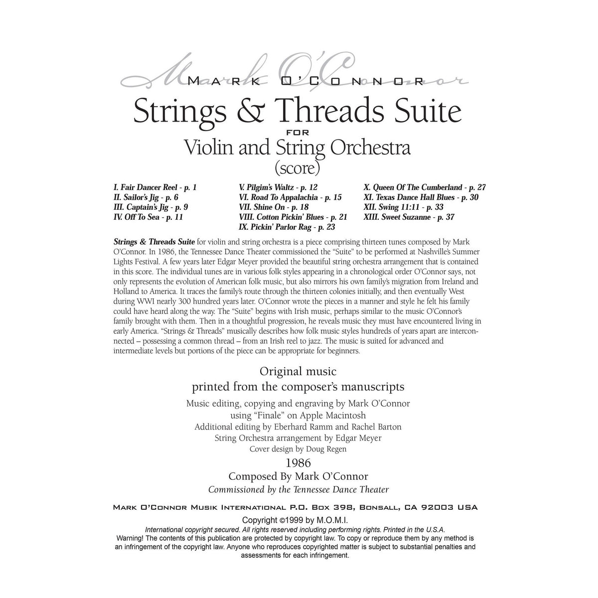 O'Connor, Mark - Strings & Threads Suite for Violin and String Orchestra - Score - Digital Download