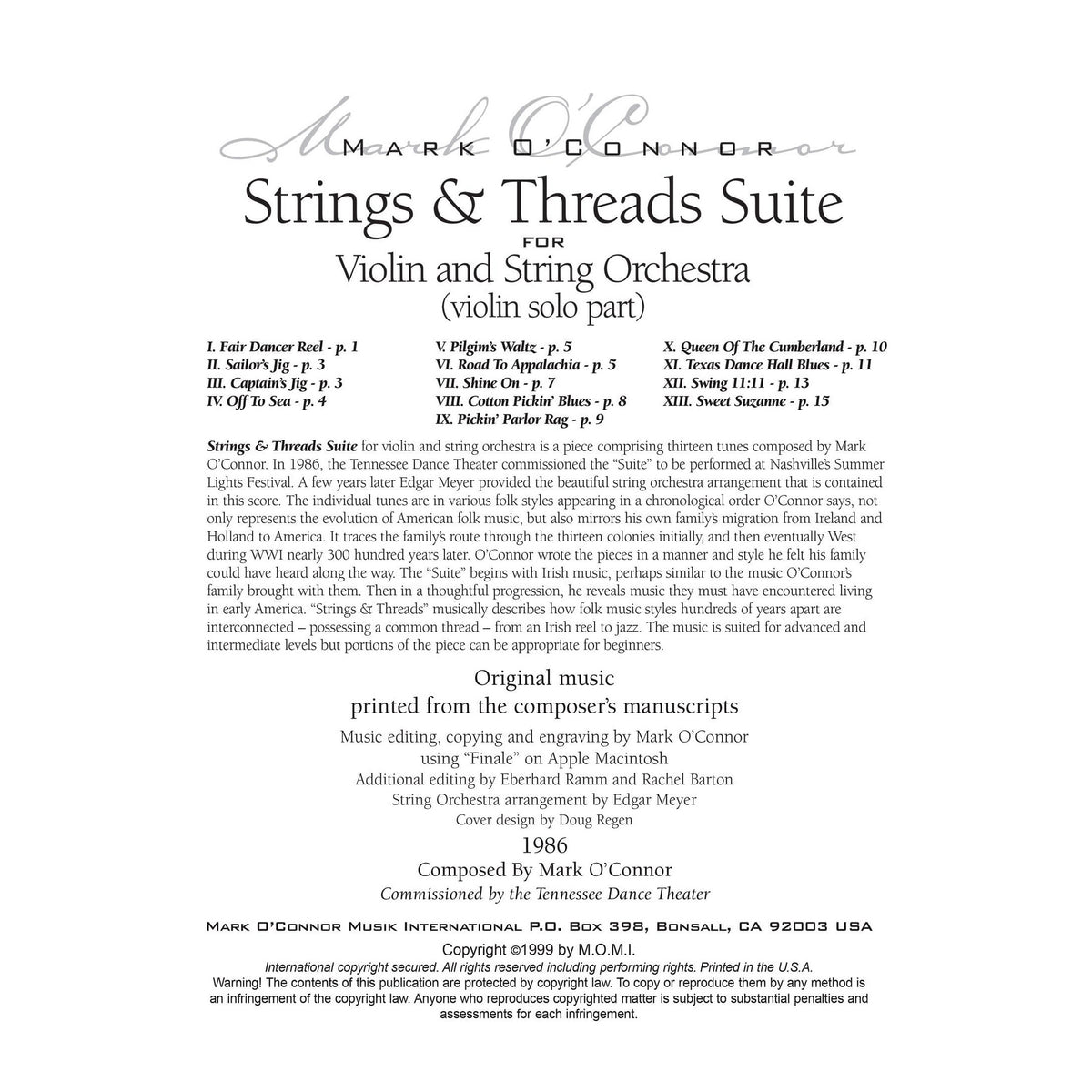 O'Connor, Mark - Strings & Threads Suite for Violin and String Orchestra - Violin Solo - Digital Download