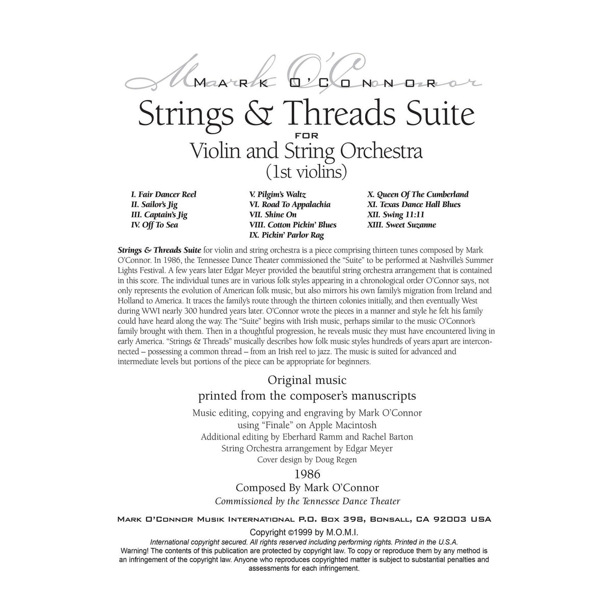 O'Connor, Mark - Strings & Threads Suite for Violin and String Orchestra - String Parts - Digital Download