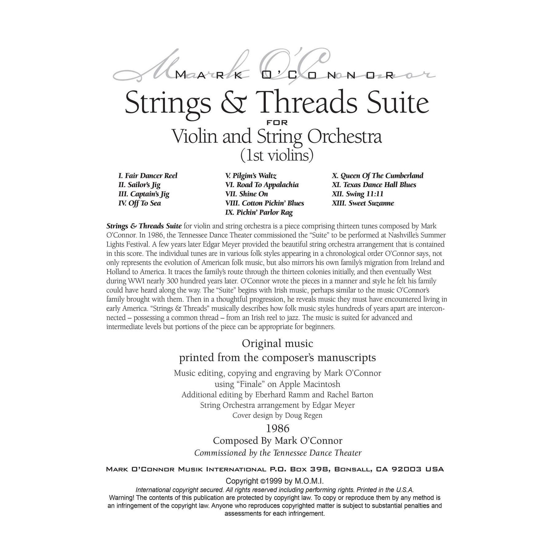 O'Connor, Mark - Strings & Threads Suite for Violin and String Orchestra - String Parts - Digital Download