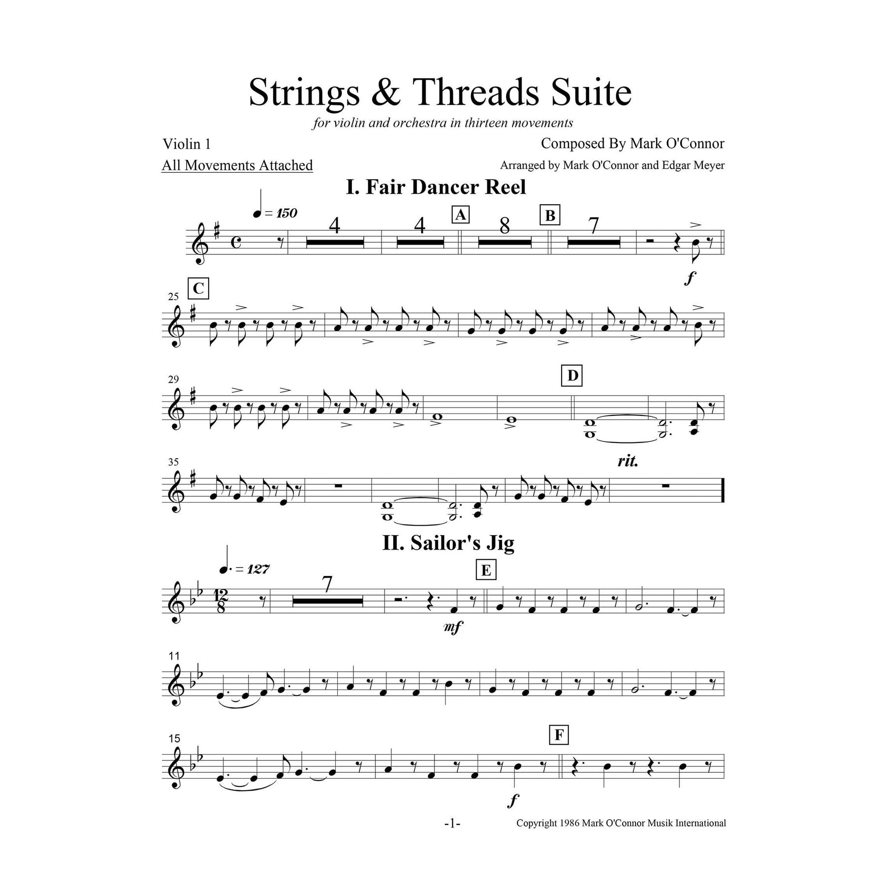 O'Connor, Mark - Strings & Threads Suite for Violin and String Orchestra - String Parts - Digital Download
