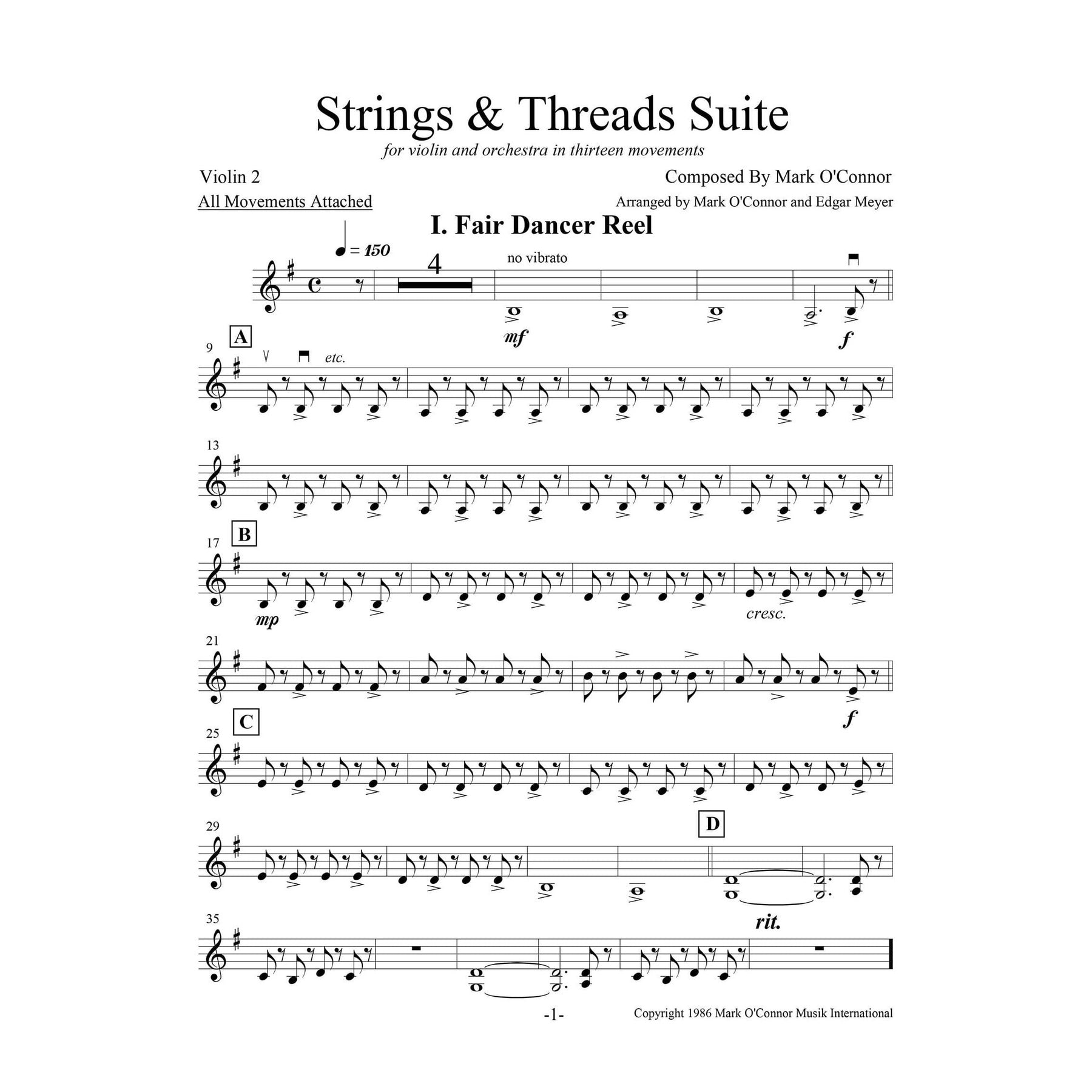 O'Connor, Mark - Strings & Threads Suite for Violin and String Orchestra - String Parts - Digital Download