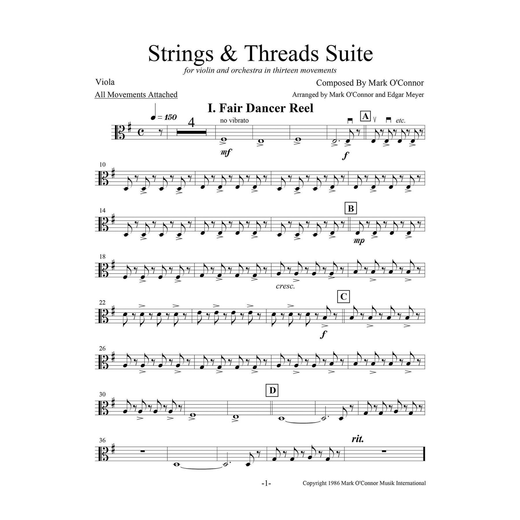 O'Connor, Mark - Strings & Threads Suite for Violin and String Orchestra - String Parts - Digital Download