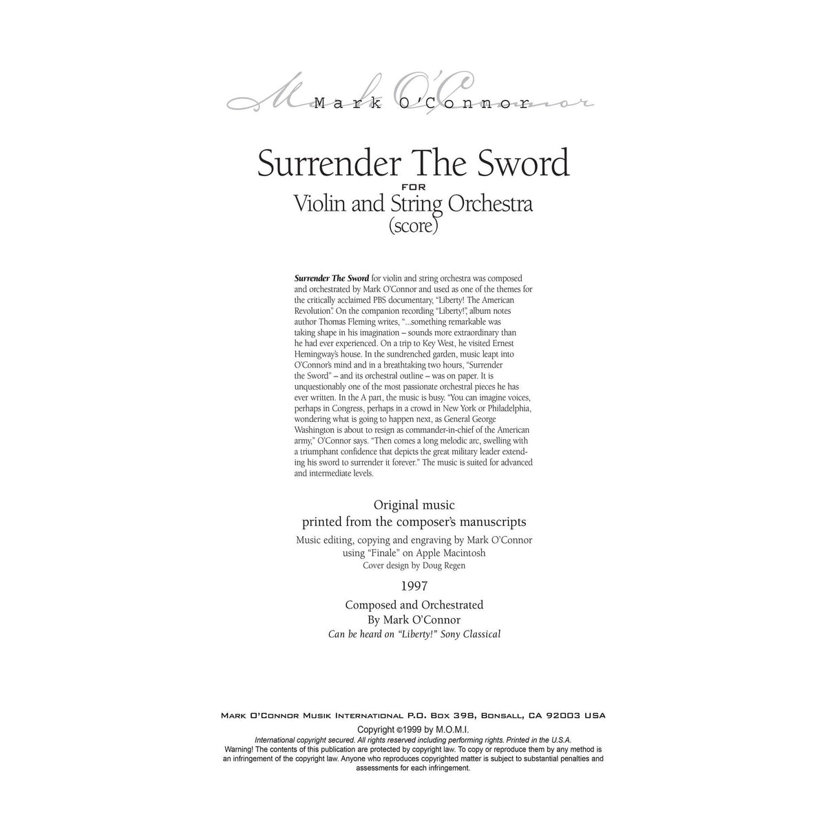 O'Connor, Mark - Surrender The Sword for Violin and String Orchestra - Score - Digital Download