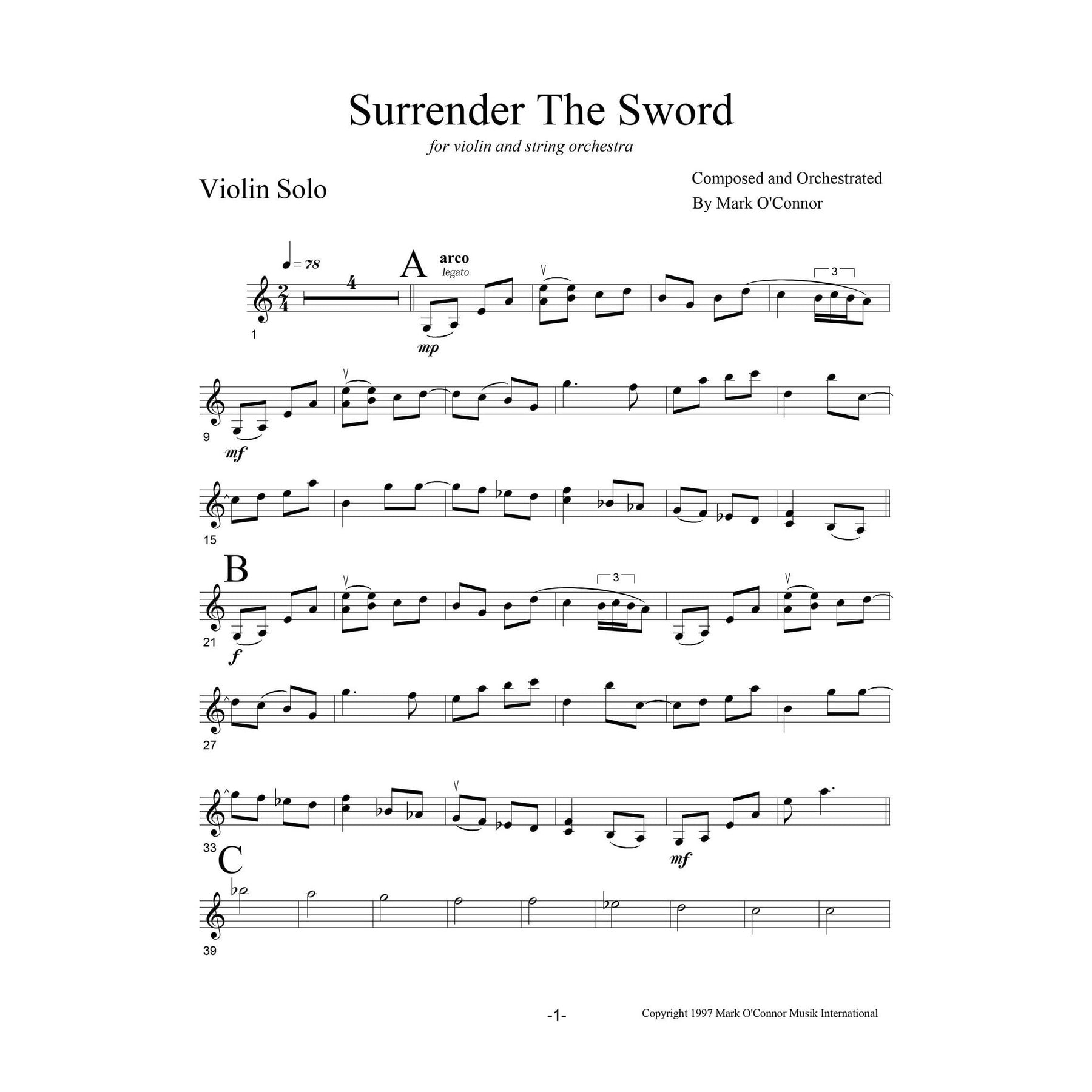 O'Connor, Mark - Surrender The Sword for Violin and String Orchestra - Violin Solo - Digital Download