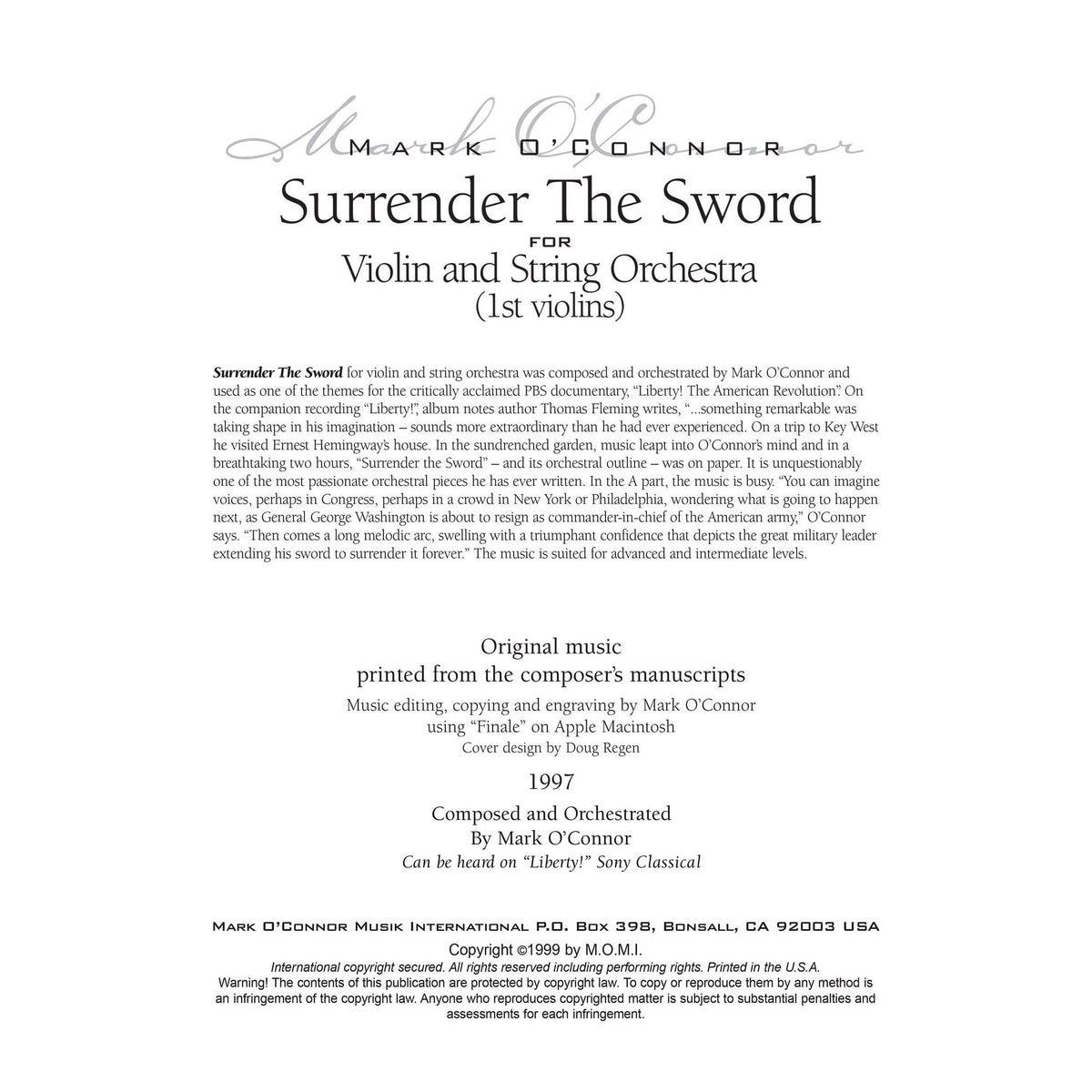 O'Connor, Mark - Surrender The Sword for Violin and String Orchestra - String Parts - Digital Download