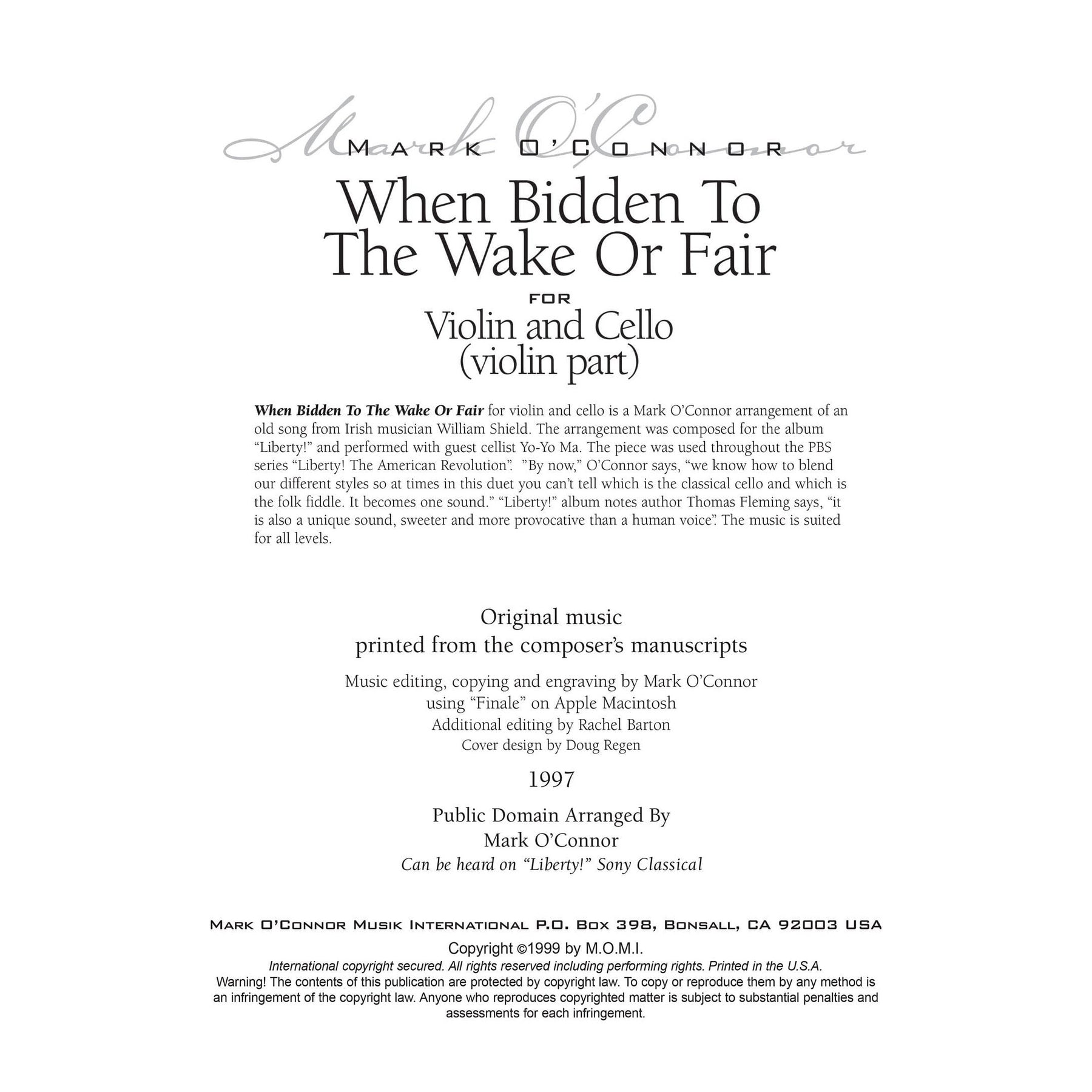 O'Connor, Mark - When Bidden To The Wake Or Fair for Violin and Cello - Violin - Digital Download