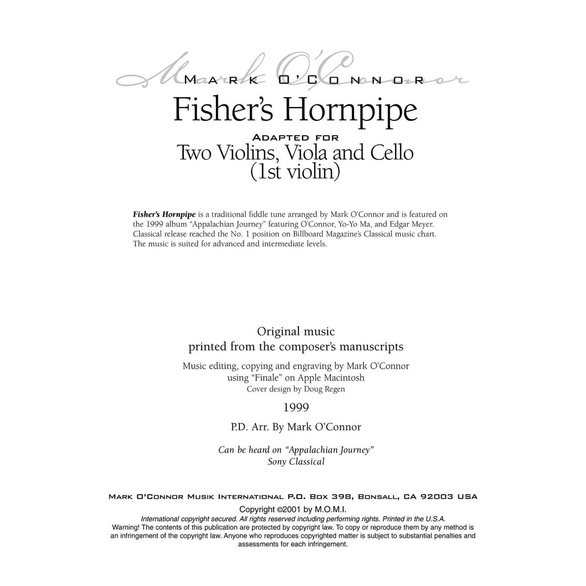 O'Connor, Mark - Fisher's Hornpipe for 2 Violins, Viola, and Cello - Violin 1 - Digital Download