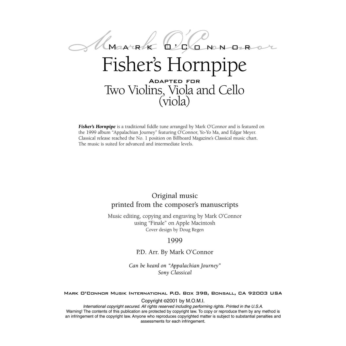 O'Connor, Mark - Fisher's Hornpipe for 2 Violins, Viola, and Cello - Viola - Digital Download