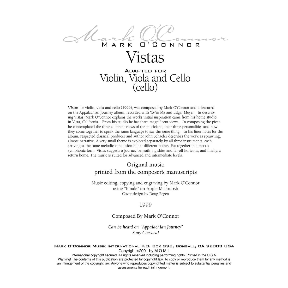 O'Connor, Mark - Vistas for Violin, Viola, and Cello - Cello - Digital Download