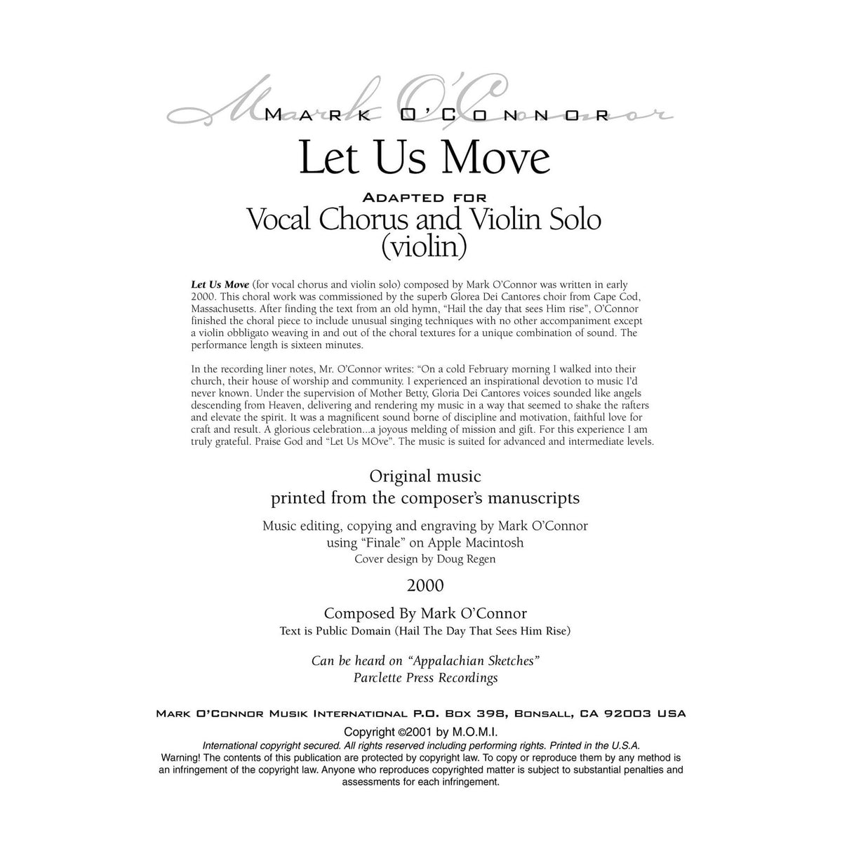 O'Connor, Mark - Let Us Move for Choir and Violin - Violin - Digital Download
