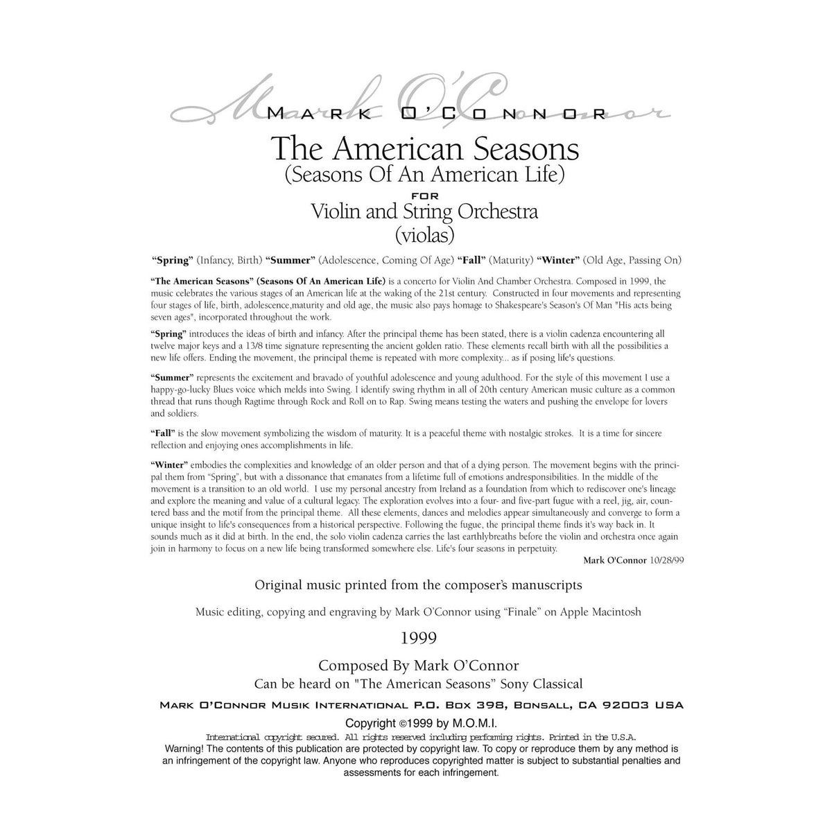 O'Connor, Mark - American Seasons for Violin and String Orchestra - Violas - Digital Download