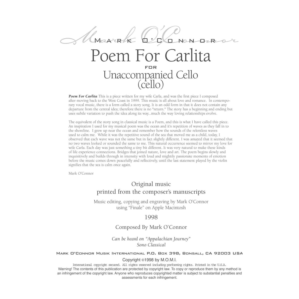 O'Connor, Mark - Poem for Carlita for Unaccompanied Cello - Digital Download