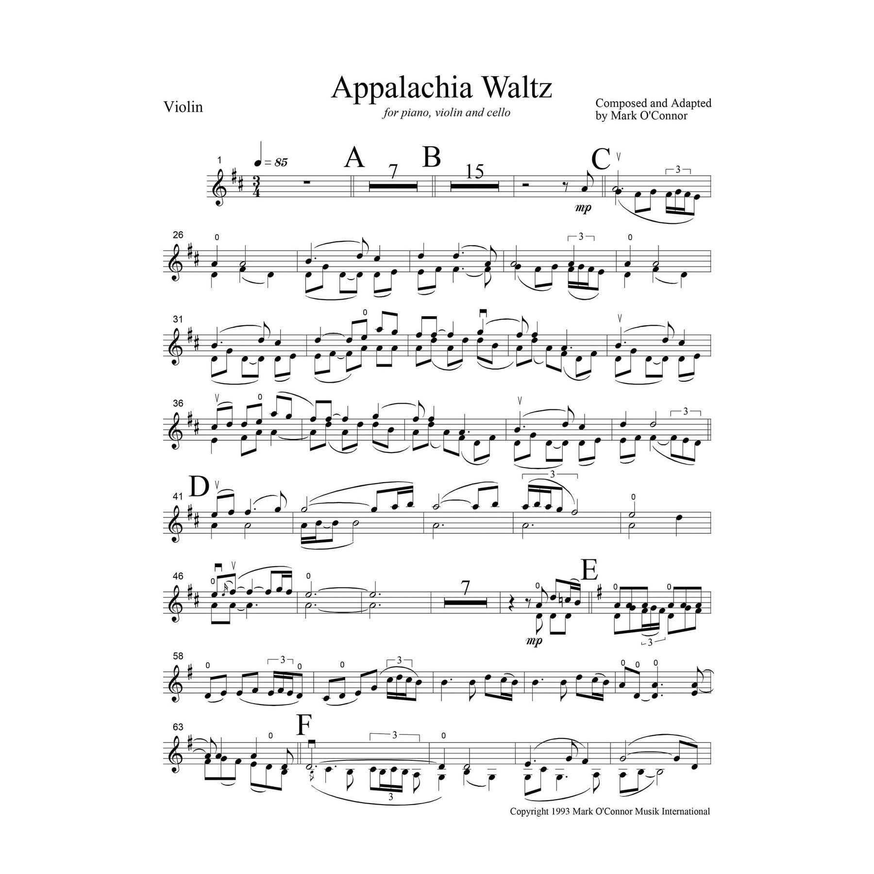 O'Connor, Mark - Appalachia Waltz for Piano, Violin, and Cello - Violin - Digital Download