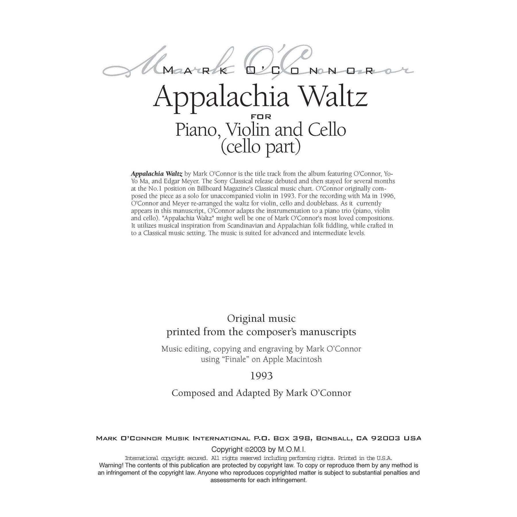O'Connor, Mark - Appalachia Waltz for Piano, Violin, and Cello - Cello - Digital Download