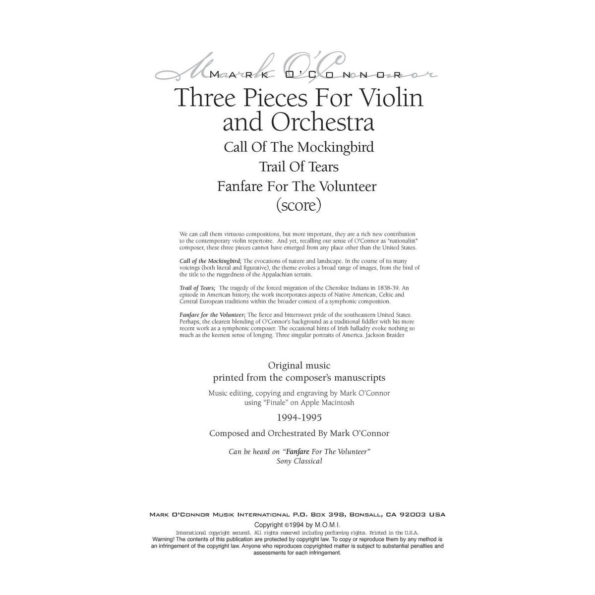 O'Connor, Mark - Three Pieces for Violin and Orchestra - Score - Digital Download