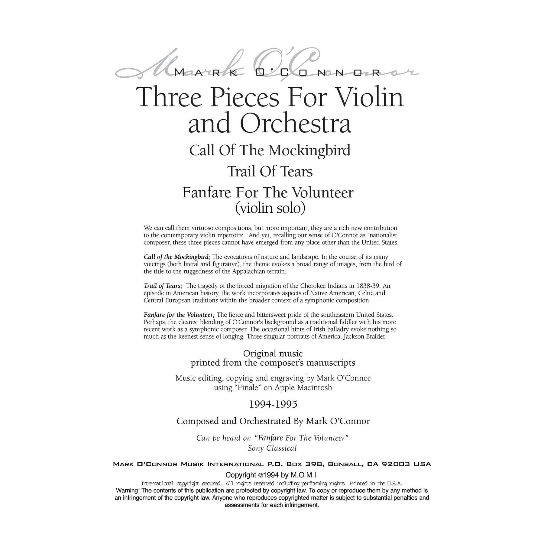 O'Connor, Mark - Three Pieces for Violin and Orchestra - Violin Solo - Digital Download