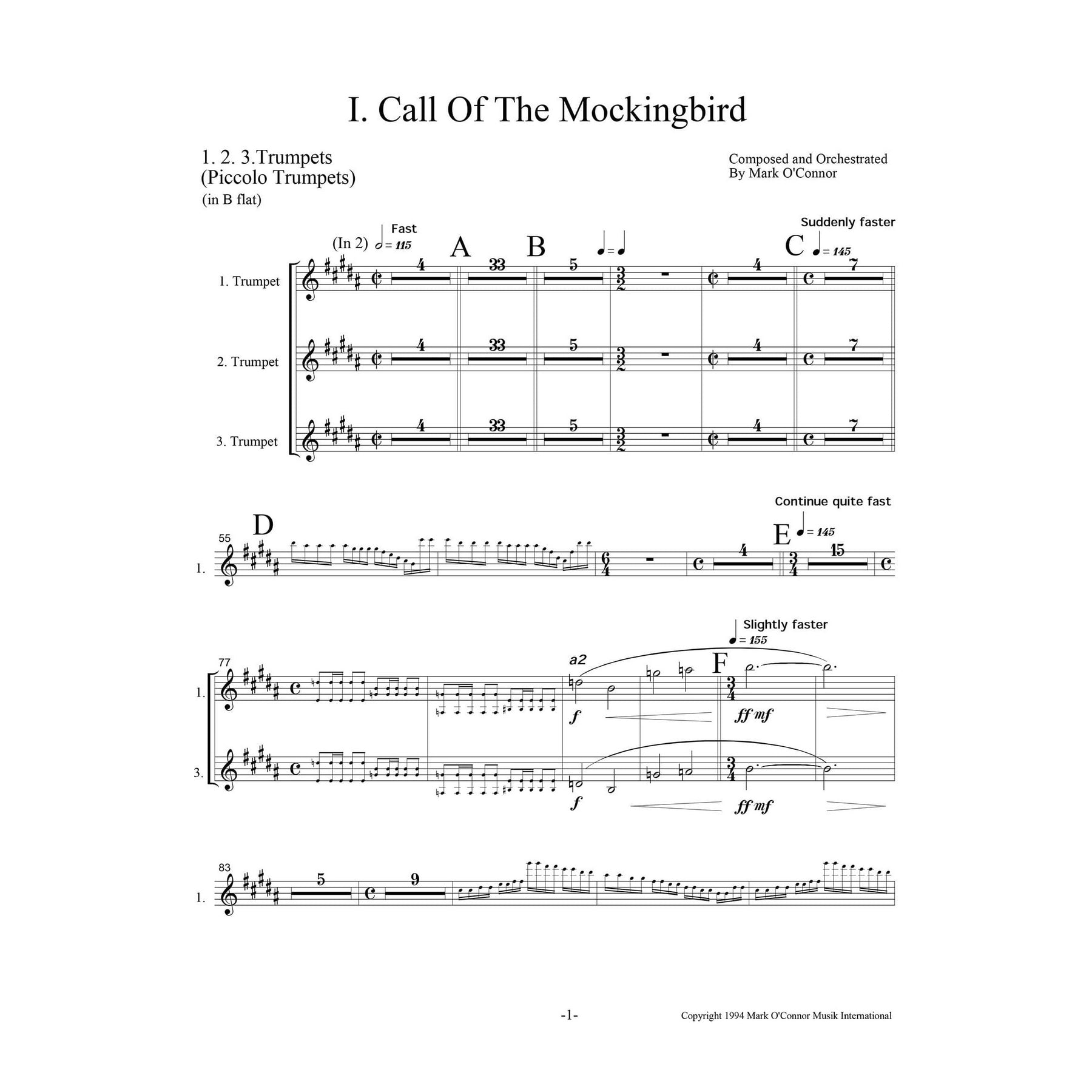 O'Connor, Mark - Three Pieces for Violin and Orchestra - Brass - Digital Download