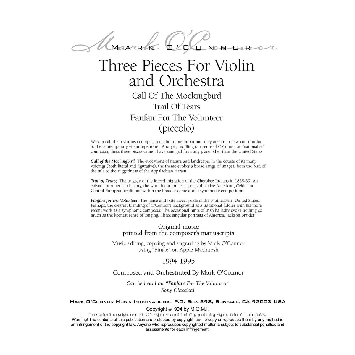 O'Connor, Mark - Three Pieces for Violin and Orchestra - Winds - Digital Download