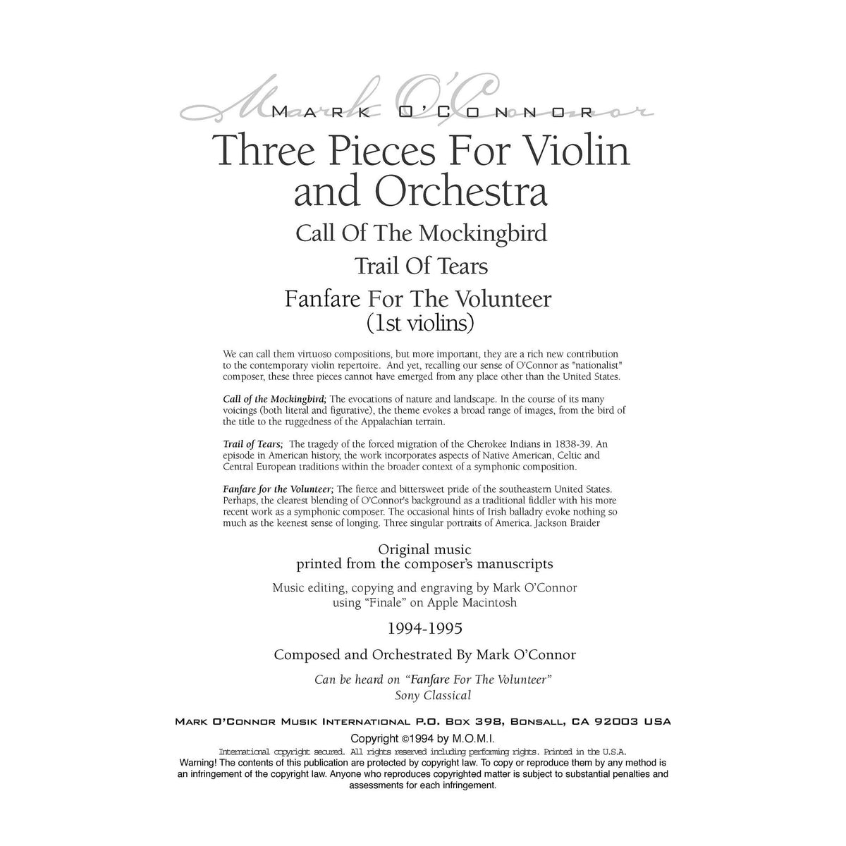 O'Connor, Mark - Three Pieces for Violin and Orchestra - String Parts - Digital Download