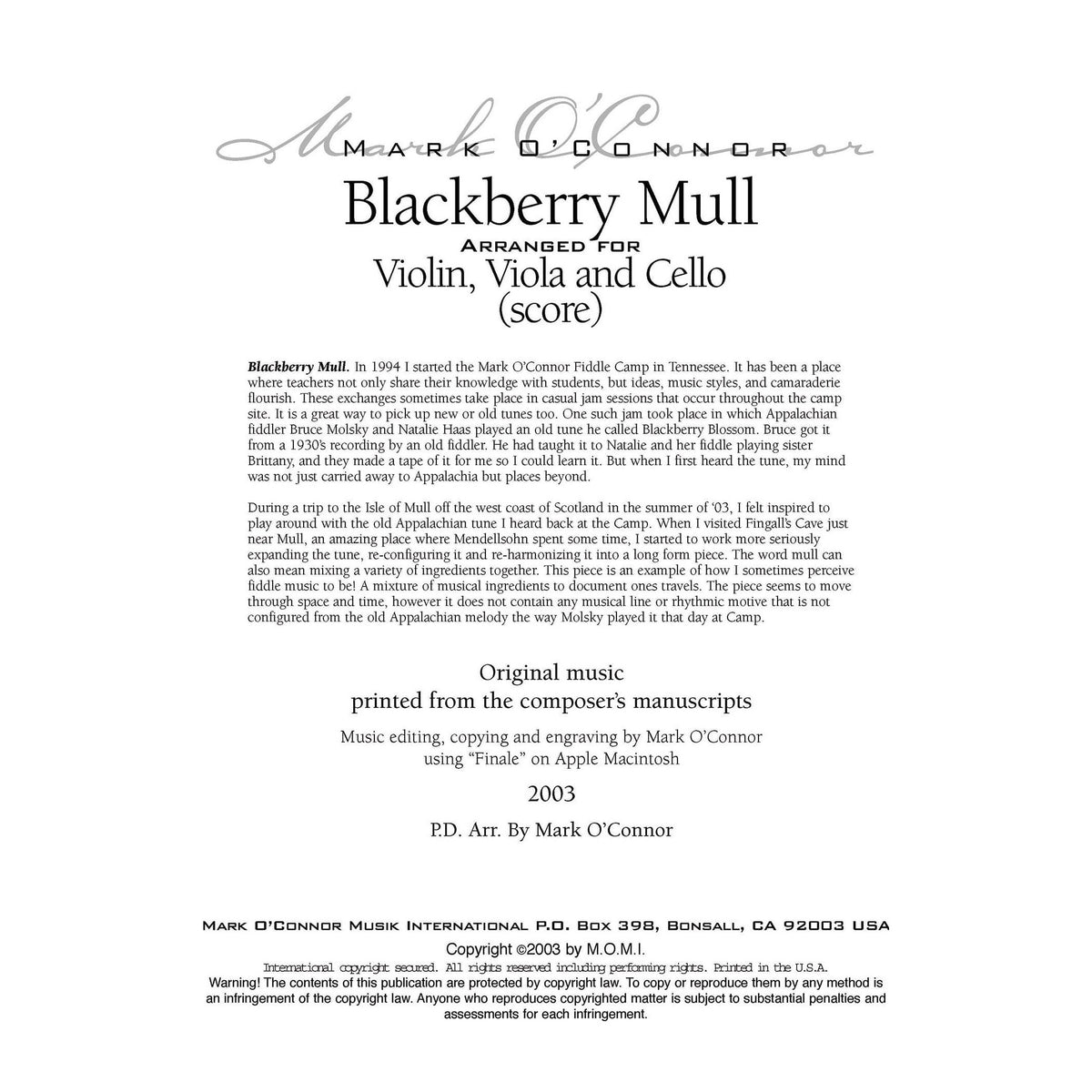 O'Connor, Mark - Blackberry Mull for Violin, Viola, and Cello - Score - Digital Download