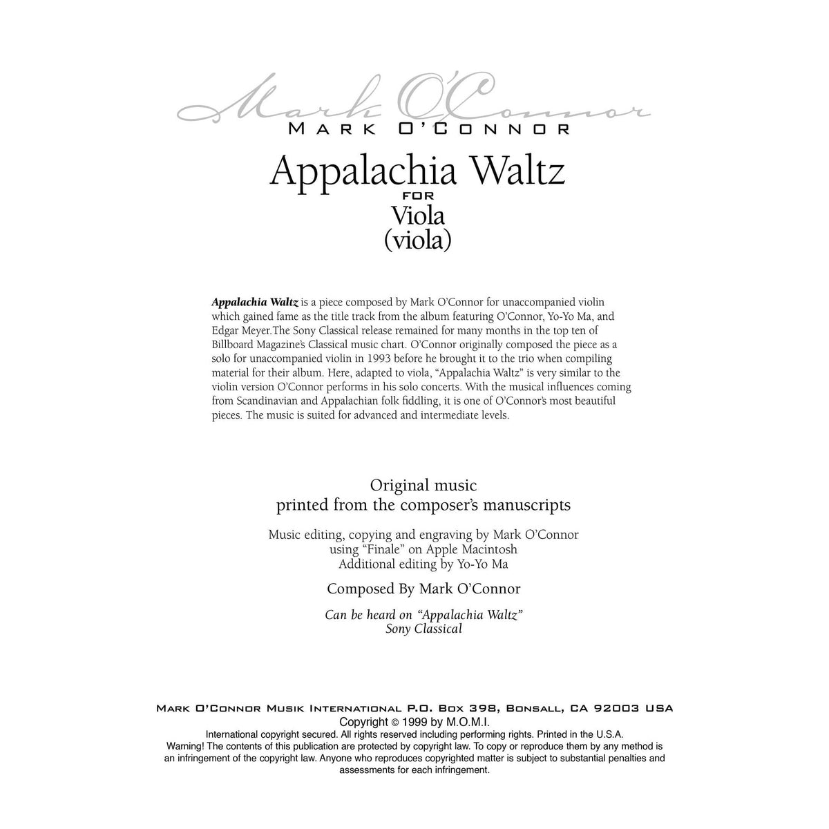O'Connor, Mark - Appalachia Waltz Unaccompanied Score - Viola - Digital Download
