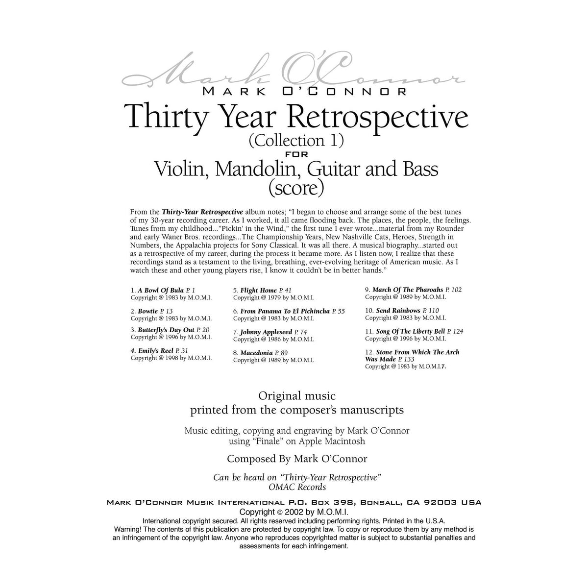 O'Connor - 30-Year Retrospective Coll. 1 for Violin, Mandolin, Guitar, & Bass - Score - Dig. DL
