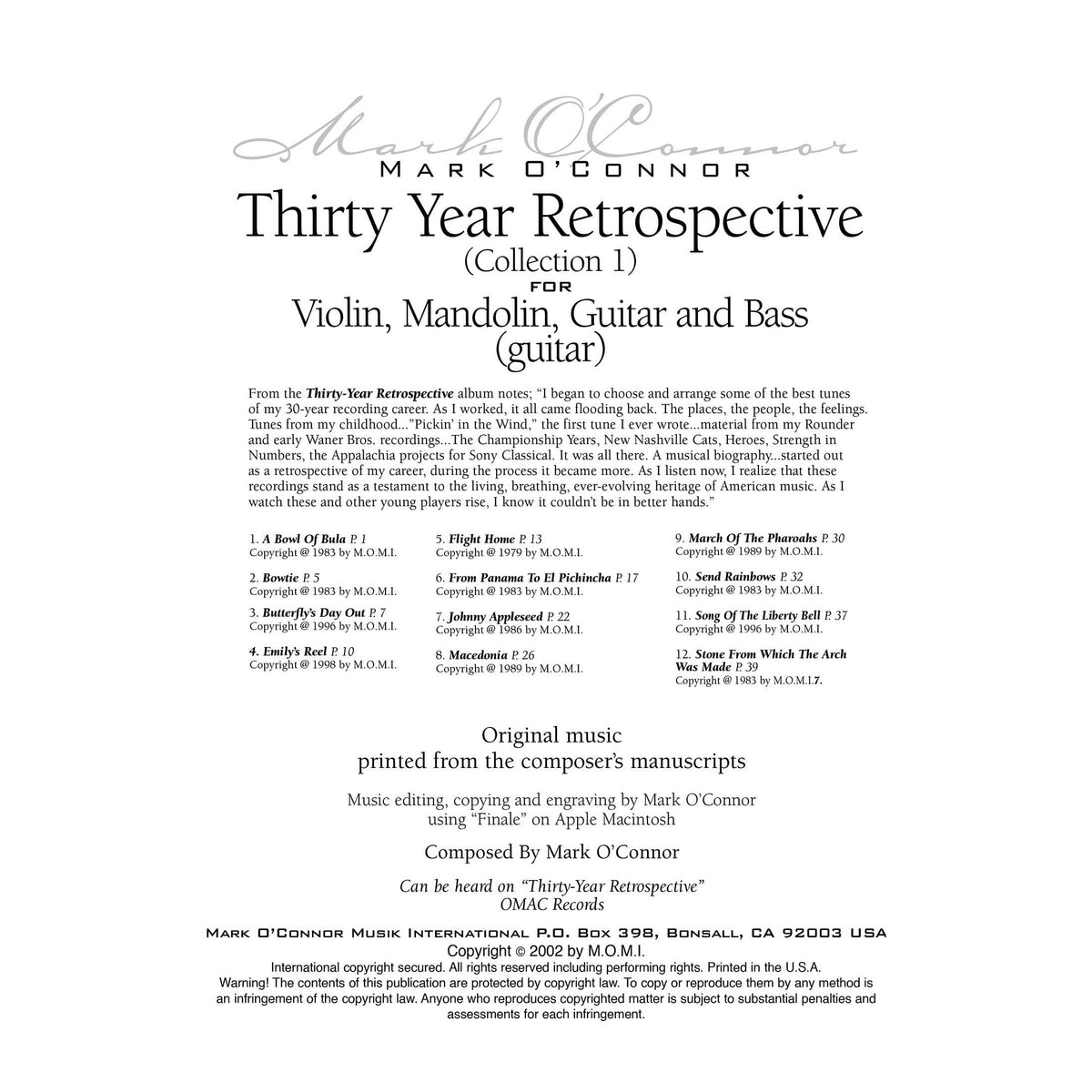 O'Connor - 30-Year Retrospective Collection 1 for Violin, Mandolin, Guitar, & Bass - Dig. Download