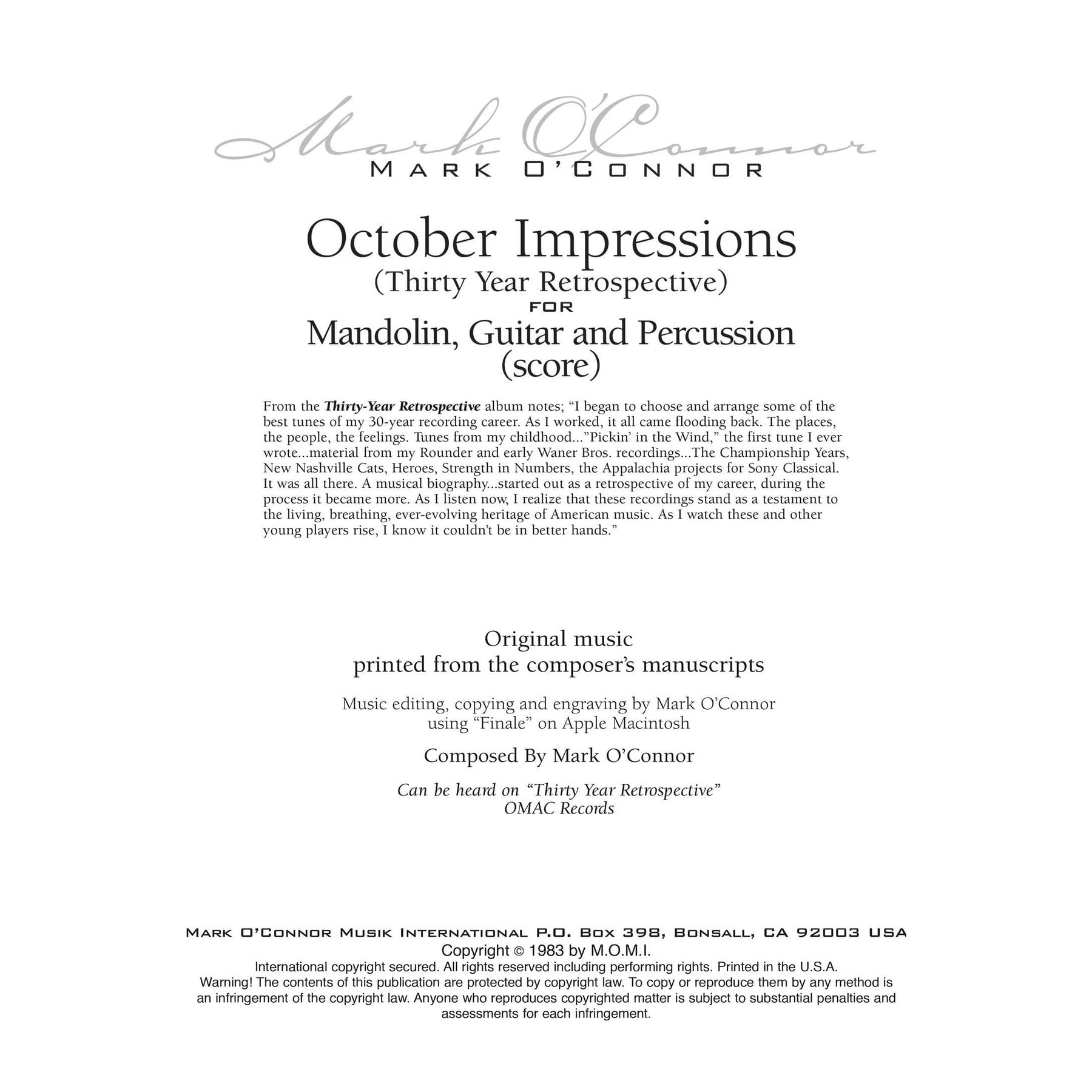 O'Connor, Mark - October Impressions for Mandolin, Guitar, and Percussion - Score - Digital Download