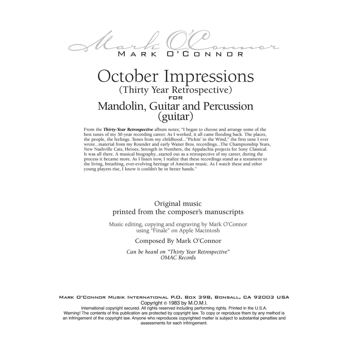 O'Connor, Mark - October Impressions for Mandolin, Guitar, and Percussion - Guitar - Digital Download