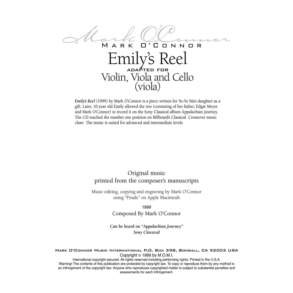 O'Connor, Mark - Emily's Reel for Violin, Viola, and Cello - Viola - Digital Download