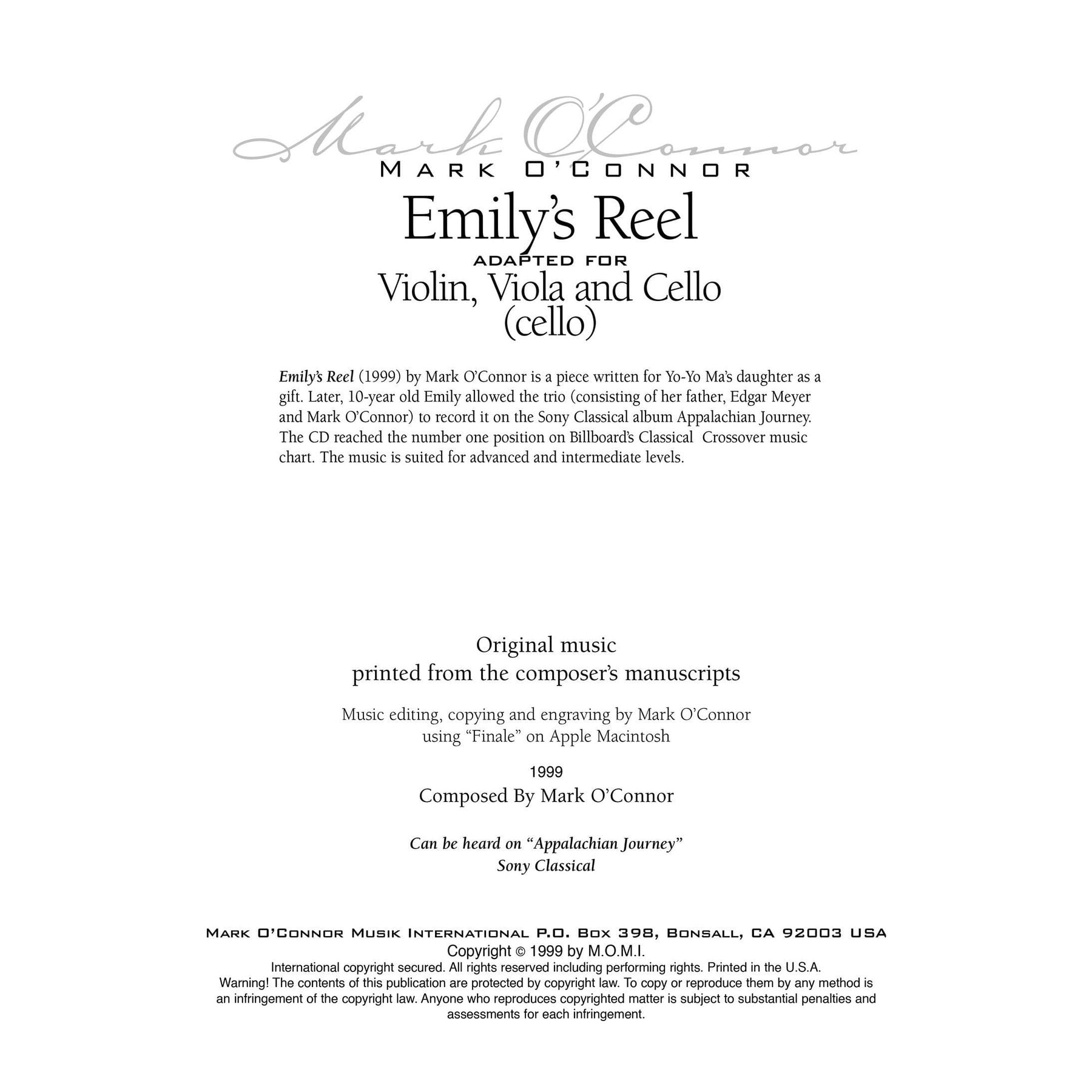 O'Connor, Mark - Emily's Reel for Violin, Viola, and Cello - Cello - Digital Download