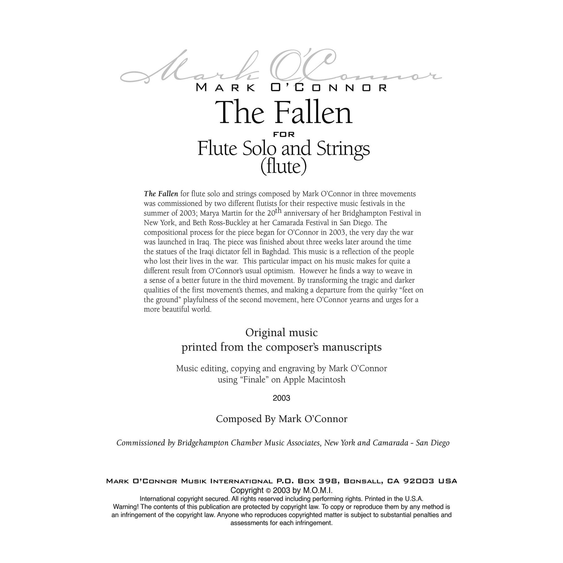 O'Connor, Mark - The Fallen for Flute and Strings - Flute Solo - Digital Download
