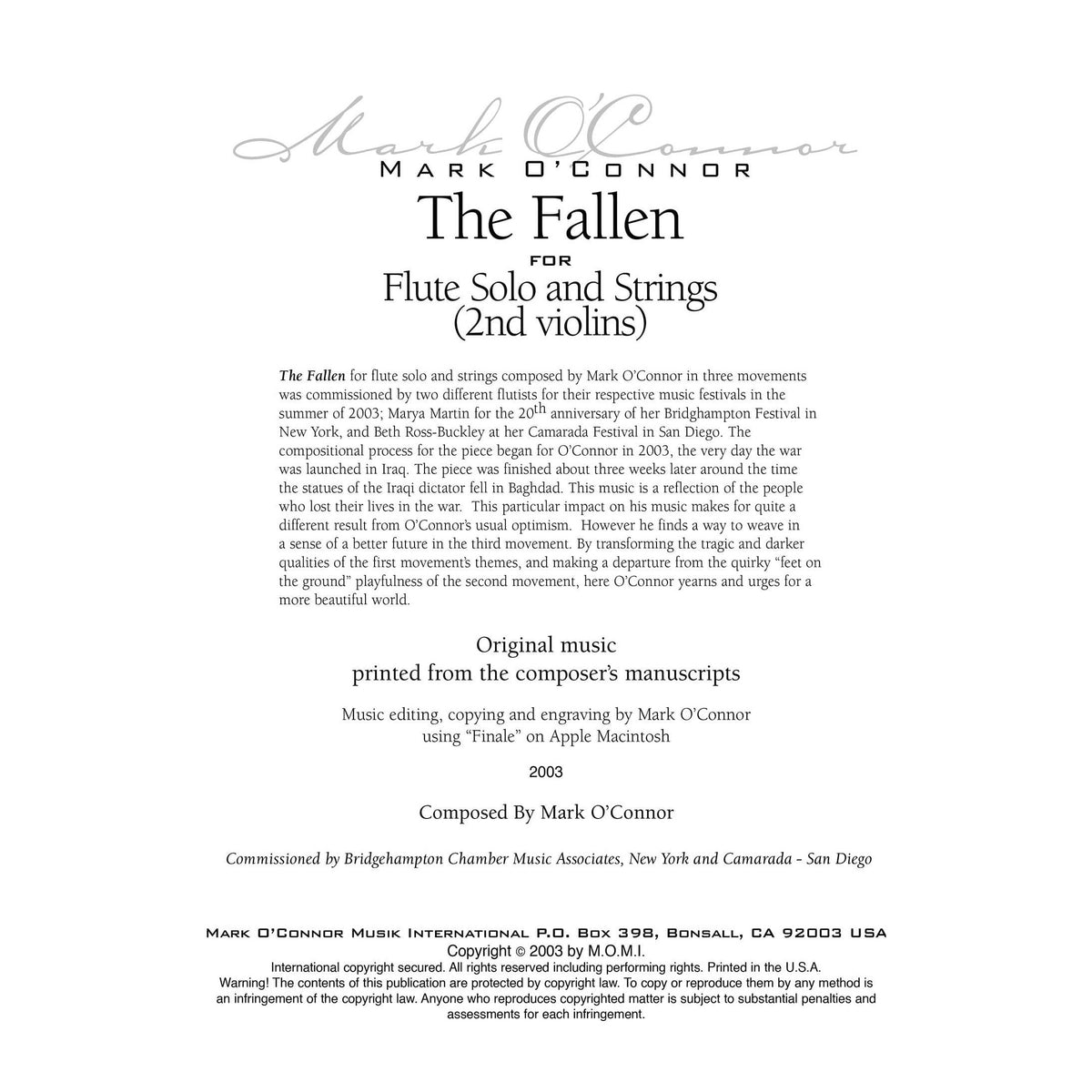 O'Connor, Mark - The Fallen for Flute and Strings - 2nd Violins - Digital Download
