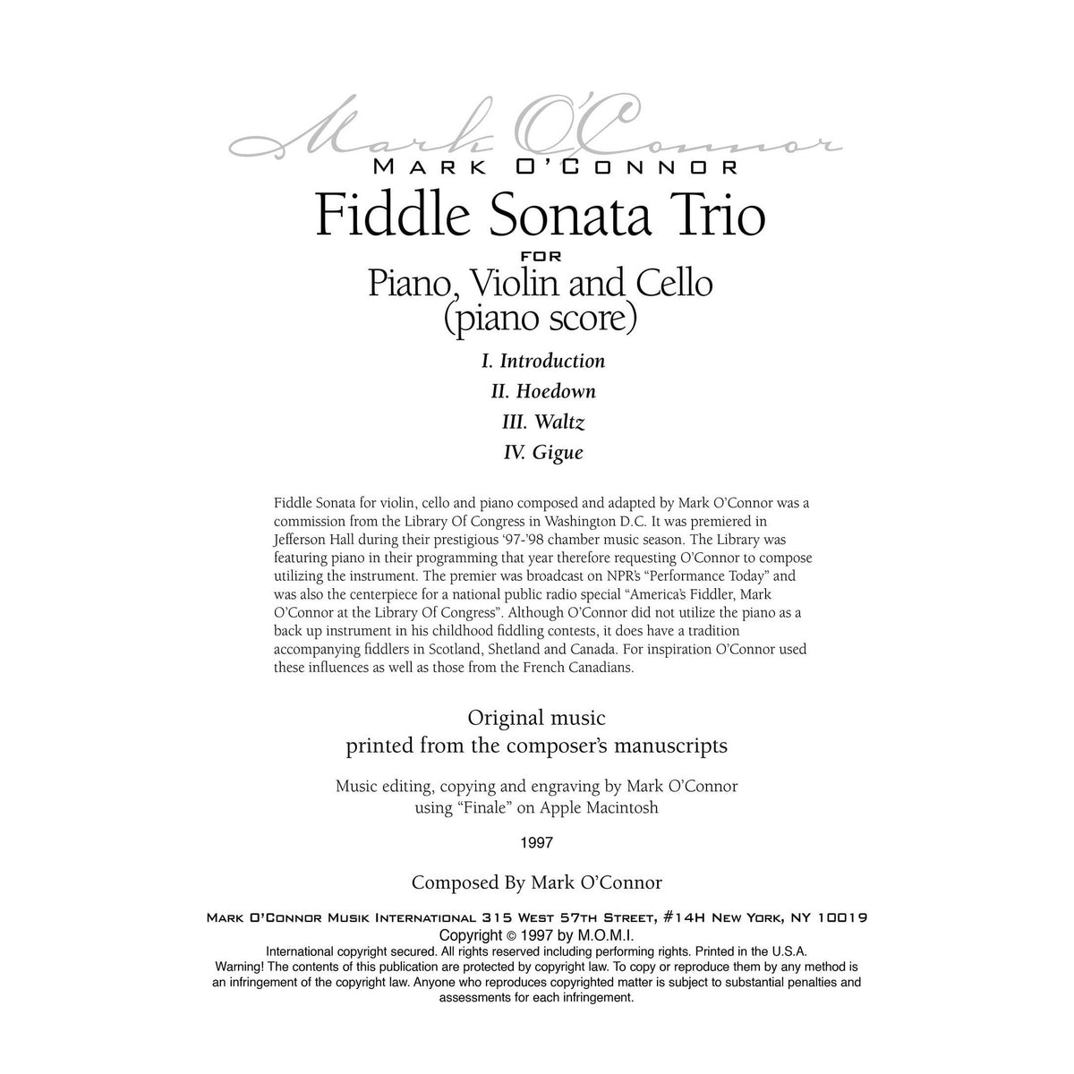 O'Connor, Mark - Fiddle Sonata Trio for Piano, Violin, and Cello - Score - Digital Download