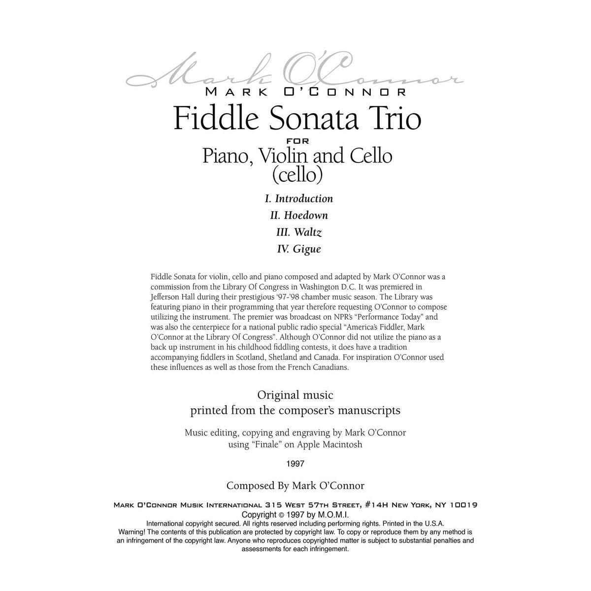 O'Connor, Mark - Fiddle Sonata Trio for Piano, Violin, and Cello - Cello - Digital Download