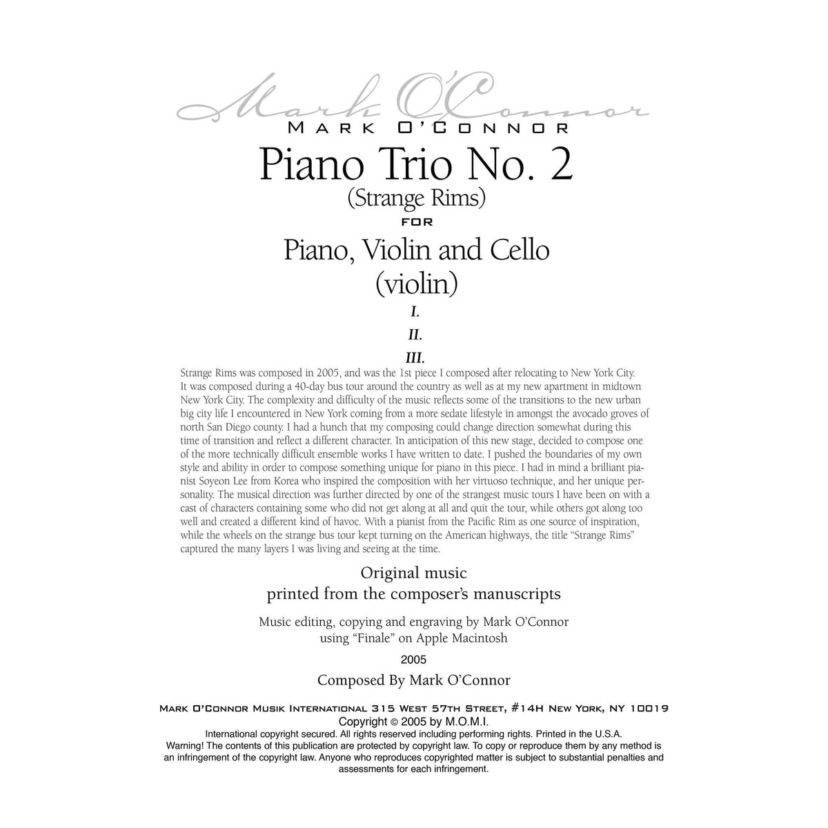 O'Connor, Mark - Piano Trio No. 2 (Strange Rims) for Piano, Violin, and Cello - Violin - Digital Download