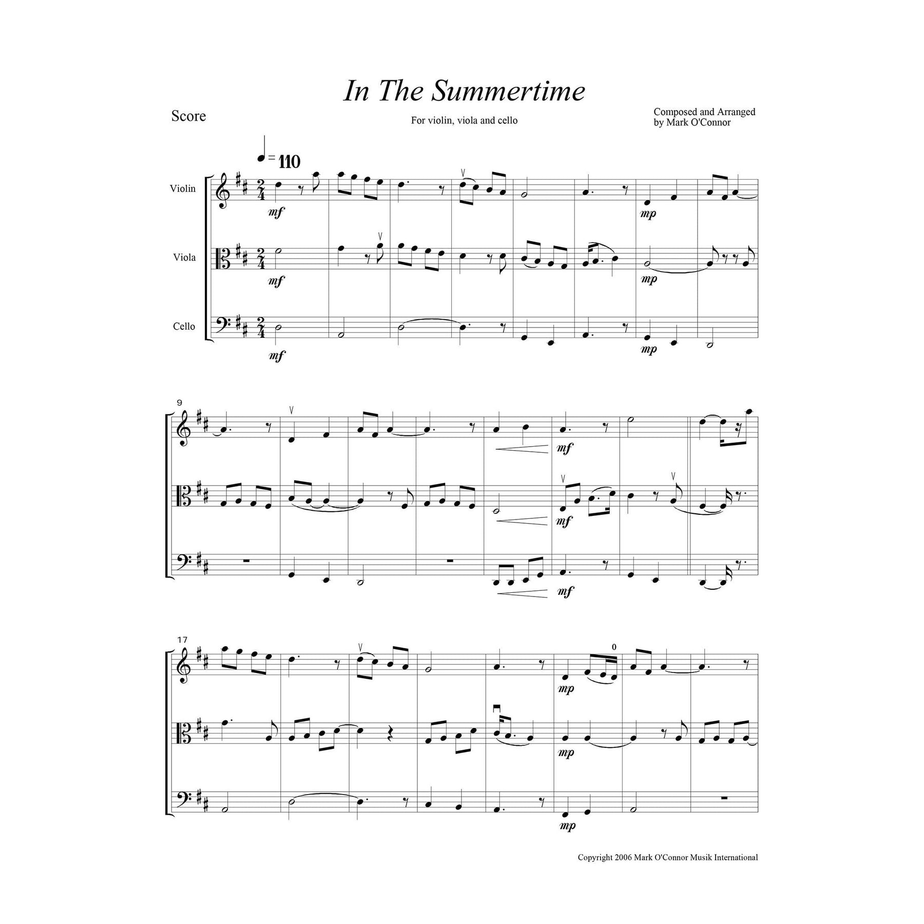 O'Connor, Mark - In the Summertime for Violin, Viola, and Cello - Score - Digital Download