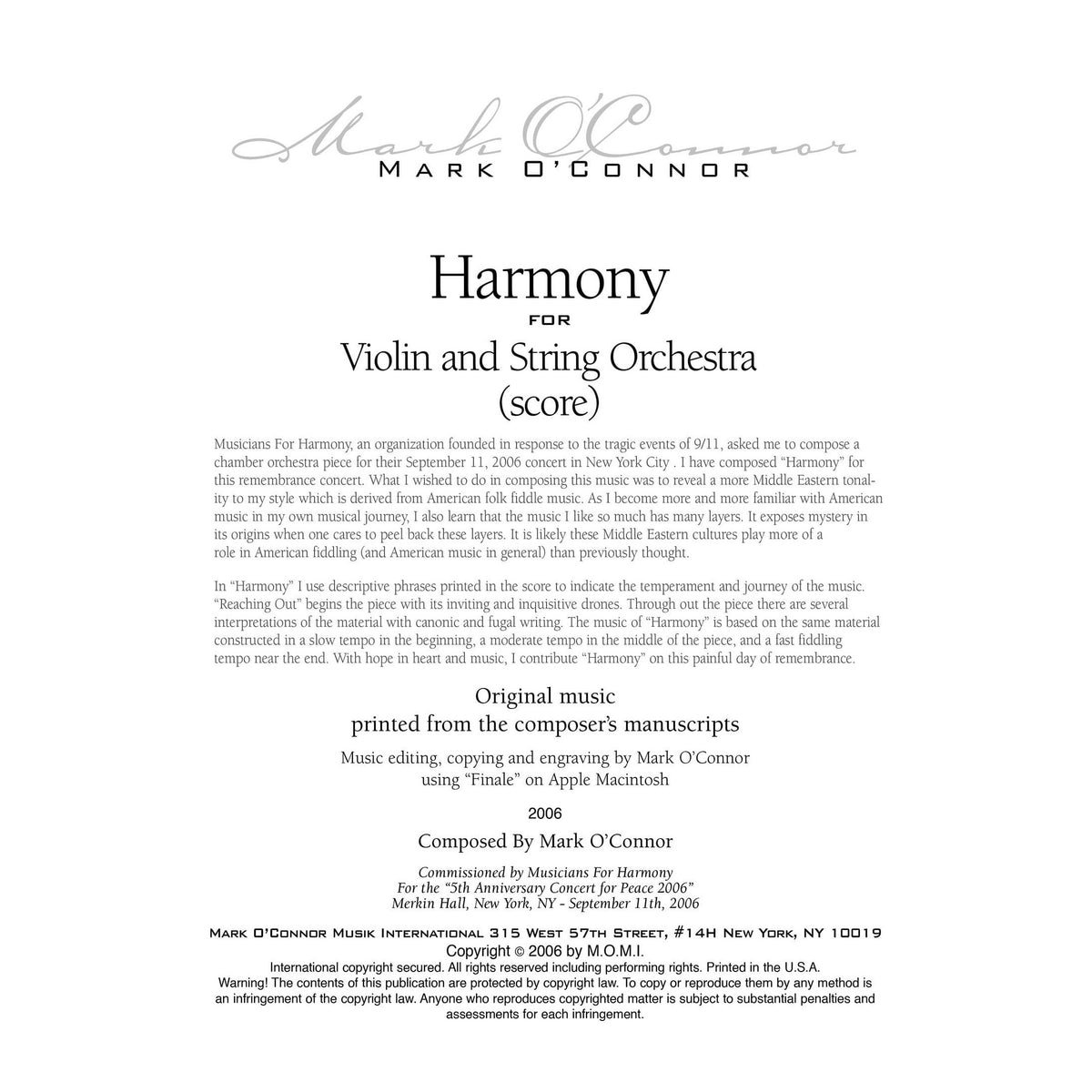 O'Connor, Mark - Harmony for Violin and Strings - Score - Digital Download